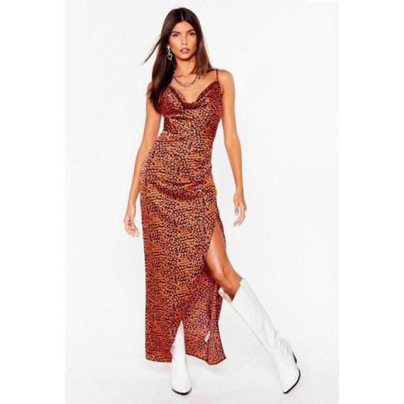 Nasty Gal Cheetah Print Satin Blue Orange Cowl Neck Maxi Dress EUC Size - 4 - Picture 5 of 10